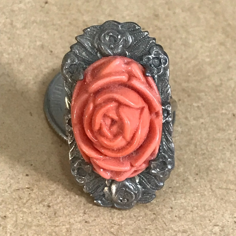 Coral Rose Silver Art Deco Style Ring size 4.25